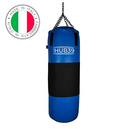 Hub39 Saco de boxeo con banda de cuero de 40 kg – Saco – Boxeo largo 100 cm – Saco lleno de boxeo – Saco de boxeo lleno 40 kg (azul banda negra)