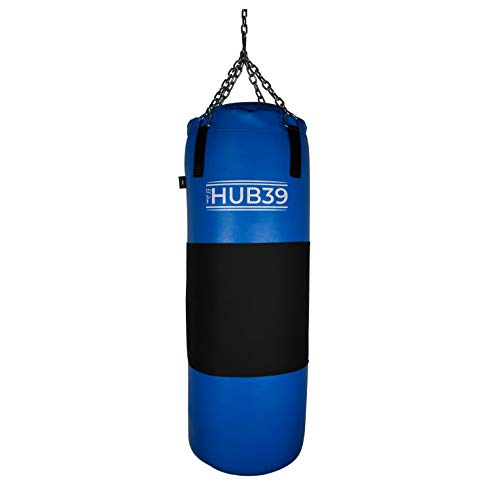Hub39 Saco de boxeo con banda de cuero de 40 kg – Saco – Boxeo largo 100 cm – Saco lleno de boxeo – Saco de boxeo lleno 40 kg (azul banda negra)