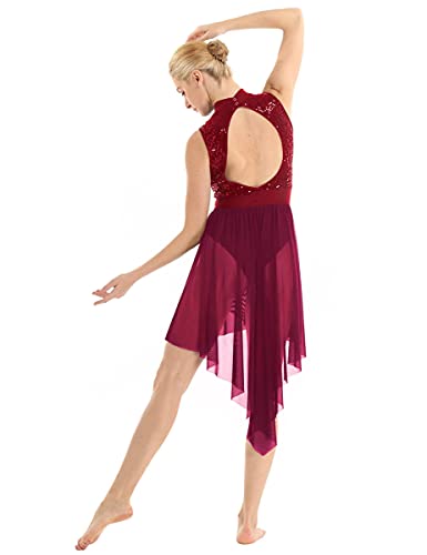 IEFIEL Maillot Lentejuelas de Danza Ballet para Mujer Maillot Sin Manga con Falda Irregular de Patinaje Artistico Vestido de Baile Latino Rojo Vino Small