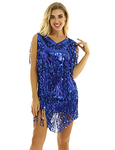 IEFIEL Vestido Flecos de Danza Latina para Mujer Vestido Lentejuelas de Danza Maderna Disfraz Bailarina de Fiesta Vestido Corto de Salsa Rumba Azul Medium
