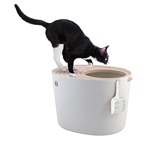 Iris Ohyama, Bandeja de arena para gatos con tapa ranurada, sin olores ni derrames de basura, entrada grande L26.7 x W22.9 cm, cuchara incluida, para gato - Cat Litter Box Jump-in PUNT-530 - Blanco