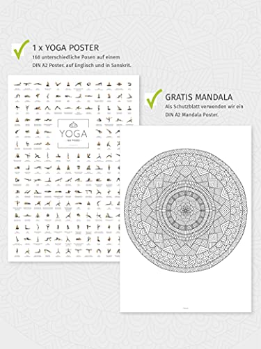 JUNOMI® Póster de Yoga JUNOMI XL con 168 posturas y ansanas, idea de regalo de yoga perfecta para principiantes, Accesorios de yoga para estudios y ejercicios en casa