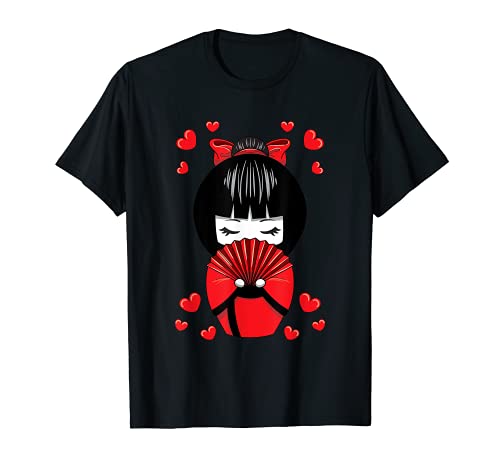 Kawaii Kokeshi Geisha - Muñeca con corazones para San Valentín Camiseta