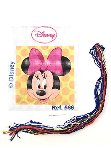 Kit medio punto con dibujos de Disney - Minnie Mickey Mouse. Punto de cruz manualidad DIY para niños, incluye cañamazo e hilos de colores según estampado. Lienzo de 18 x 15 cm.