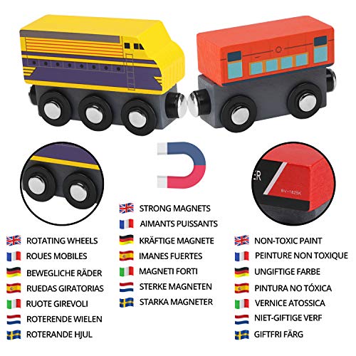 Kurtzy Tren de Madera Magnético con Caja de Almacenaje (Pack de 12) Locomotoras Educativas para Chicos y Chicas 3 + Años – Set Tren Madera Compatible con la Mayoría de Las Marcas de Vías de Tren