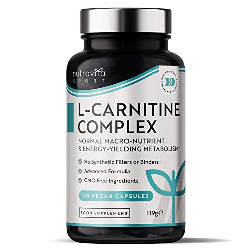 L CARNITINA Capsulas Veganas - 150 Cápsulas de alta resistencia con riboflavina, biotina, cromo, vitamina D, B3 y B6 añadidos - Metabolismo de macronutrientes y producción de energía - Nutravita