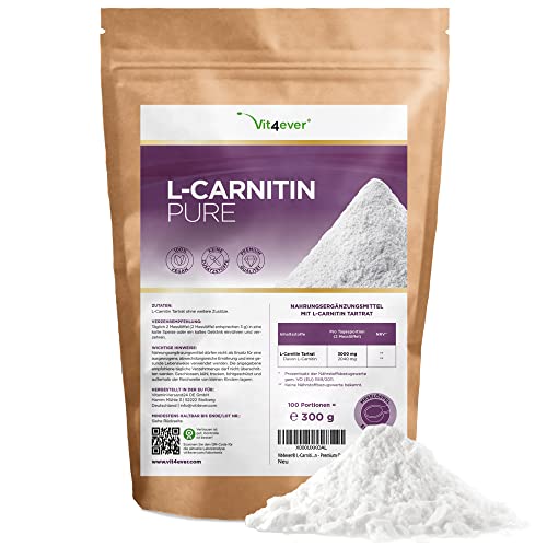 L-Carnitina Pura - 300 g de polvo puro sin aditivos - 100% L-Carnitina Tartrato - 100 raciones con 3000 mg de Carnitina en polvo - Vegano - Alta dosis
