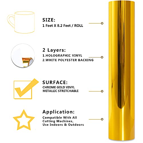 Lámina de vinilo holográfica cromada de Oro, brillante metálico adhesivo permanente Gold rollo 30,5 x 250cm, para manualidades, herramientas Silhouette Cameo Cricut (Oro)