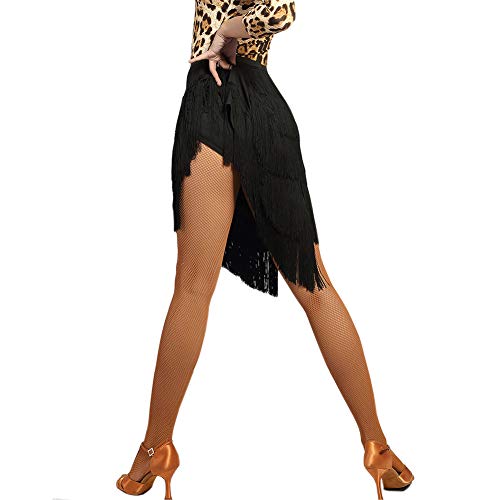 LeerKing Falda de Baile Latino Profesional Falda con Flecos Cintura Elástica de Danza Latino Tango Salsa Rumba Samba para Niñas y Mujeres, Negro XL