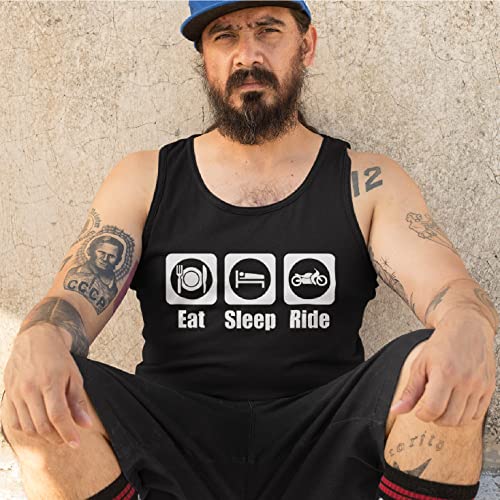lepni.me Camisetas de Tirantes para Hombre Comer Dormir Montajes Repetir el Eslogan de la Moto Citas (M Blanco Oro)