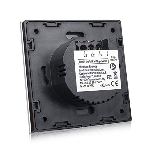 Maclean Interruptor de luz táctil, Simple, Vidrio, Negro con botón Redondo Energy MCE702B, Dimensiones 86x86 mm, con iluminación de botón