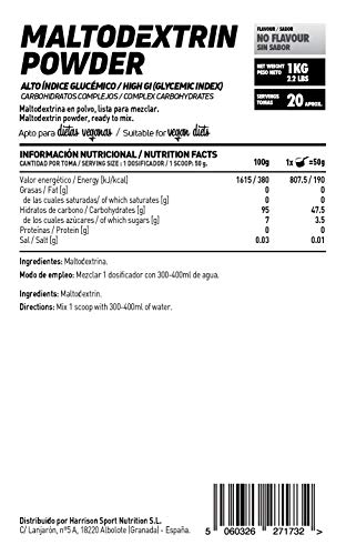 Maltodextrina de HSN | Sin Sabor 1 Kg = 20 Tomas por Envase | 100% Pura Maltodextrina en Polvo | Suplemento Carbohidratos de Alto Índice Glucémico | No-GMO, Vegano, Sin Gluten