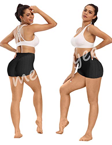 Memoryee Mujeres Leggings Pantalones Cortos de Yoga de Cintura Alta Plisados con Panal de Abeja para Gimnasio Levantamiento de glúteos Calientes Ejercicio Control Mallas/Black/S
