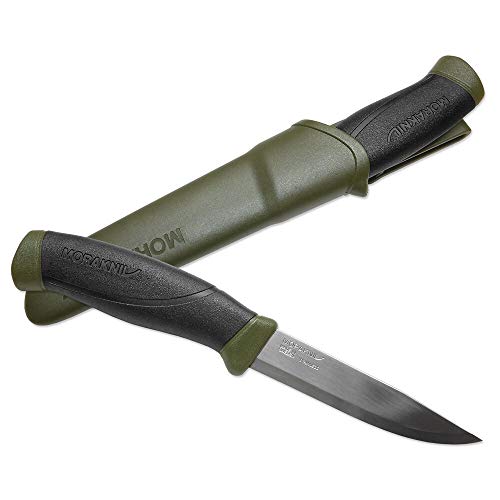 Morakniv Companion M11827 AA8 - Cuchillo con hoja de acero inoxidable, mango antideslizante, color verde oliva y funda con clip para cinturón