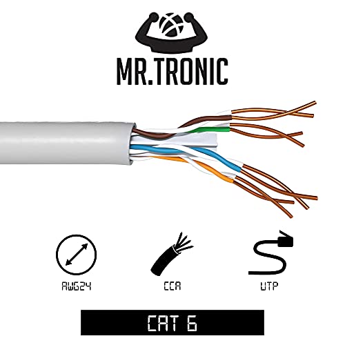 Mr. Tronic 100m Cable de Instalación Red Ethernet Bobina | CAT6, AWG24, CCA, UTP | LAN Gigabit de Alta Velocidad | Conexión a Internet | Ideal para PC, Router, Modem, Switch, TV (100 Metros, Gris)