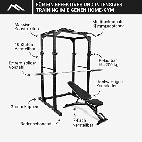 MSPORTS Power Rack Premium Cage - Estación de musculación para jaulas, squat, estación de fitness (Power Rack + banco de pesas + hilo olímpico)