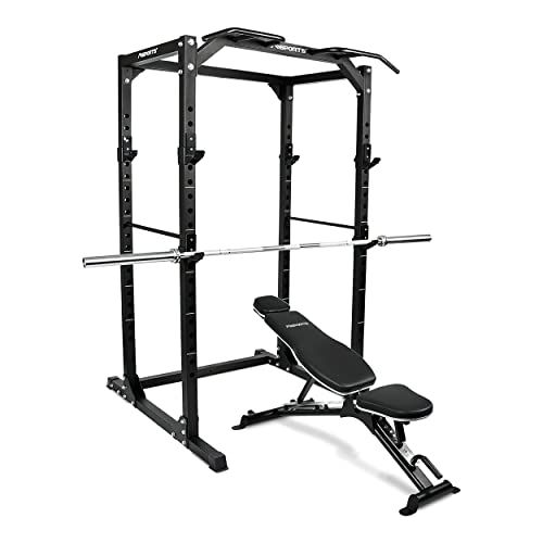MSPORTS Power Rack Premium Cage - Estación de musculación para jaulas, squat, estación de fitness (Power Rack + banco de pesas + hilo olímpico)