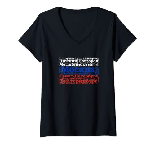 Mujer Bandera de Rusia con nombres de la ciudad rusa Word Art Camiseta Cuello V