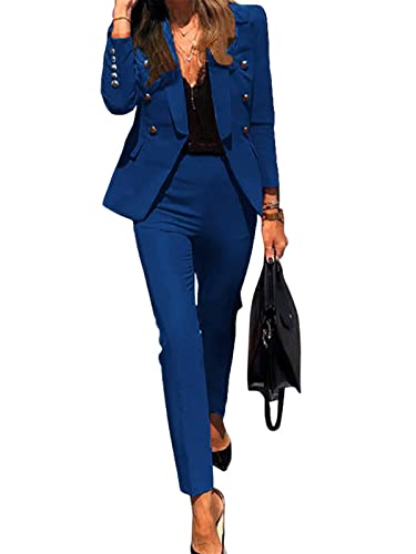 Mujer Blazer Y Pantalones Dos Piezas Set Elegantes Manga Larga Slim Fit Chaqueta De Traje Oficina Negocios Conjunto A Azul 36