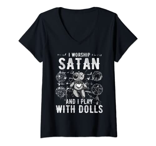 Mujer Divertido Satanic adoro a Satanás y yo juego con muñecas vudú Camiseta Cuello V