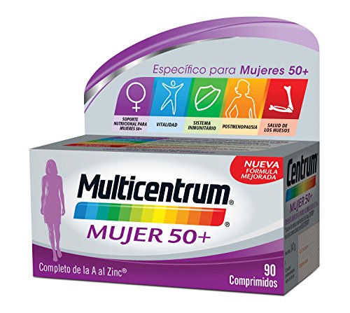 Multicentrum Mujer 50+ Complemento Alimenticio Multivitaminas con 13 Vitaminas y 11 Minerales, Sin Gluten, 90 Comprimidos