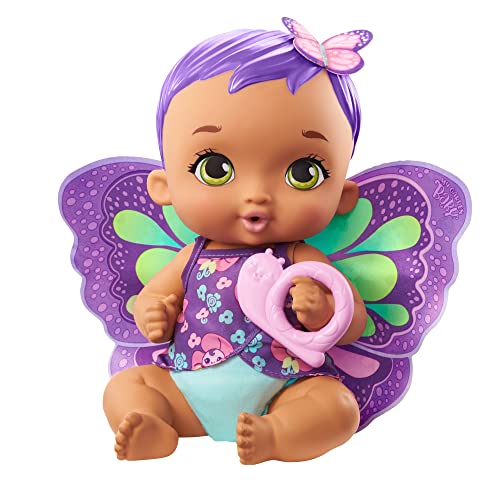 My Garden Baby Mariposas hago pipí Morado Muñeco de juguete con manta mariposa, biberón y pañal, regalo para niñas y niños +18 meses (Mattel GYP11)