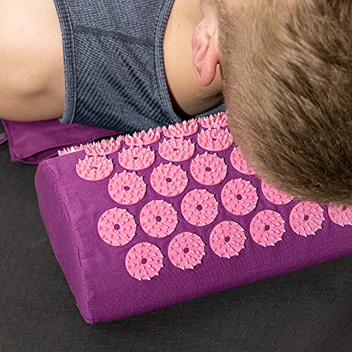 Navaris Set de masaje de acupresión - Esterilla relajante de acupuntura lavable de 68 x 42 x 2 CM con almohada y funda de transporte - Morado y rosa
