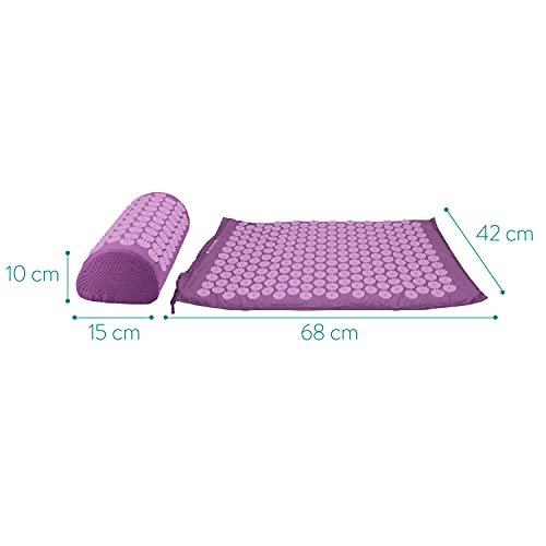 Navaris Set de masaje de acupresión - Esterilla relajante de acupuntura lavable de 68 x 42 x 2 CM con almohada y funda de transporte - Morado y rosa