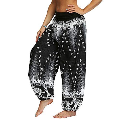Nuofengkudu Mujeres Hippies Pantalones Bombachos Cintura Alta Boho Flores Impreso Baggy Indios Yoga Pants Verano Playa Fiesta Harem Pantalón (Negro B,L)