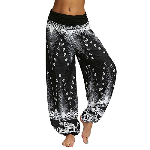 Nuofengkudu Mujeres Hippies Pantalones Bombachos Cintura Alta Boho Flores Impreso Baggy Indios Yoga Pants Verano Playa Fiesta Harem Pantalón (Negro B,L)