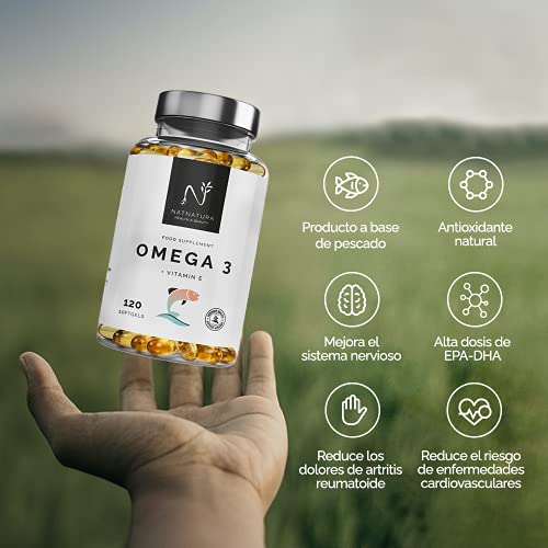 Omega 3 máxima concentración EPA – DHA. Ácidos grasos Omega 3 (2000 mg) + Vitamina E a base de aceite de pescado salvaje. 120 perlas blandas