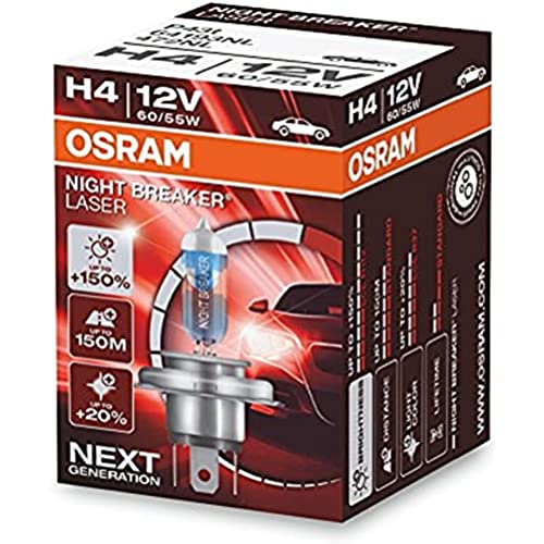 OSRAM NIGHT BREAKER LASER H4, +150% más de luz, lámpara halógena para faros, 64193NL, coche de 12 V, caja plegable (1 lámpara)