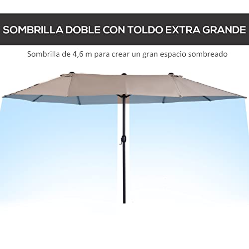 Outsunny Sombrilla Doble Parasol Grande 4.6x2.7m Sombrilla Jardín Patio con Manivela Manual Resistente al Agua y Protección Solar UV para Terraza Playa Piscina Café