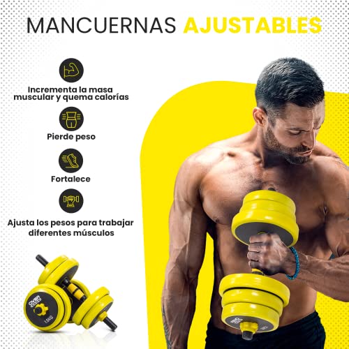 OVER SPORT Mancuernas Ajustables 20 kg 2 en 1 con Barra Ajustable para Gimnasio o Hacer Deporte en Casa - Pesas con Discos Regulables para musculación de 20kg.