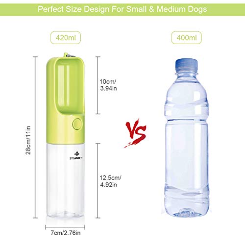 PHILORN Botella de Agua para Perro [420ml], 100% a Prueba de Fugas, Botella de Viaje para Mascotas al Aire Libre, Bebedero Perro Portatil de Grado Alimenticio, Sin BPA, Operación con un Solo Botón