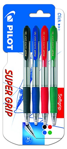 Pilot Super Grip - Pack de 4 bolígrafos, punto medio, Azul - Negro - Rojo - Verde