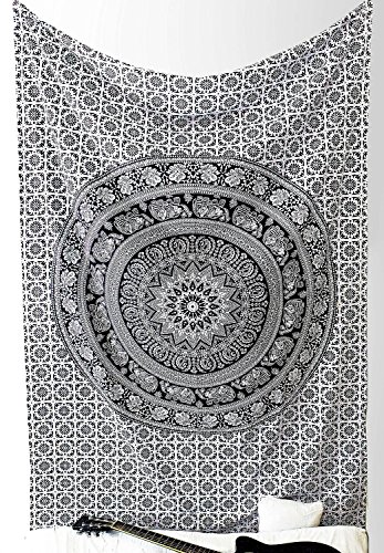 Popular Handicrafts Tapices hippie en blanco y negro de mandala tapiz para dormitorio, playa, tapiz bohemio para colgar en la pared, colcha (completa (215 x 230 cm), color negro y blanco