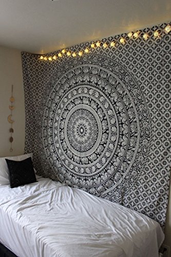 Popular Handicrafts Tapices hippie en blanco y negro de mandala tapiz para dormitorio, playa, tapiz bohemio para colgar en la pared, colcha (completa (215 x 230 cm), color negro y blanco