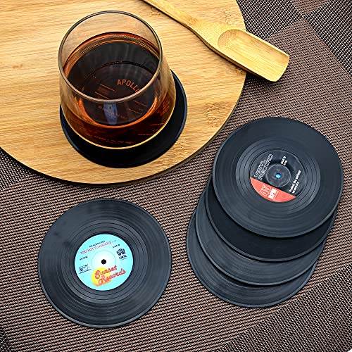 Posavasos de bebida, 6 piezas retro CD Record Coaster Set ronda Copa Mat con protección antideslizante de mesa para café, té, cerveza, taza de vino, café y bar (negro)