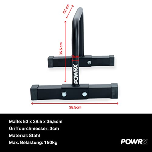 POWRX Barras paralelas fitness ideales para ejercicios de Calistenia, Dominadas y Gimnasia - Agarre con revestimiento de goma y Base antideslizante + PDF Workout (49 x 42,5 x 40 cm, Negro)