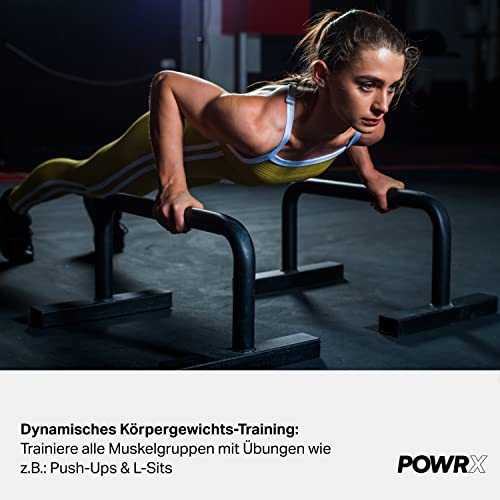 POWRX Barras paralelas fitness ideales para ejercicios de Calistenia, Dominadas y Gimnasia - Agarre con revestimiento de goma y Base antideslizante + PDF Workout (49 x 42,5 x 40 cm, Negro)