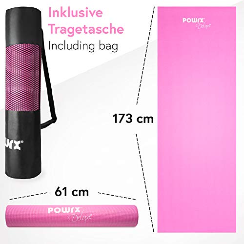 POWRX Esterilla yoga antideslizante 173 x 61 x 0,4 cm - Colchoneta ideal también para ejercicios de pilates y gimnasia - Enrollable con bolsa de transporte - Extra suave + PDF workout (Rosa oscuro)