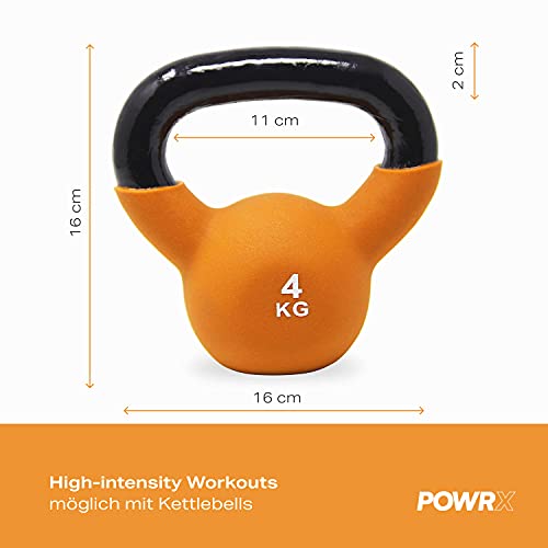 POWRX Kettlebell Hierro Fundido 4 kg - Pesa Rusa con Revestimiento de Neopreno + PDF Workout (Orange)