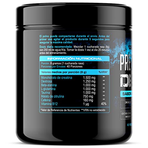 Pre Workout Demon (Frambuesa Azul) Pre-Entreno Potente polvo con Creatina Monohidrato, Cafeína, Beta-Alanina y Glutamina (320 Gramos - 40 Porciones)