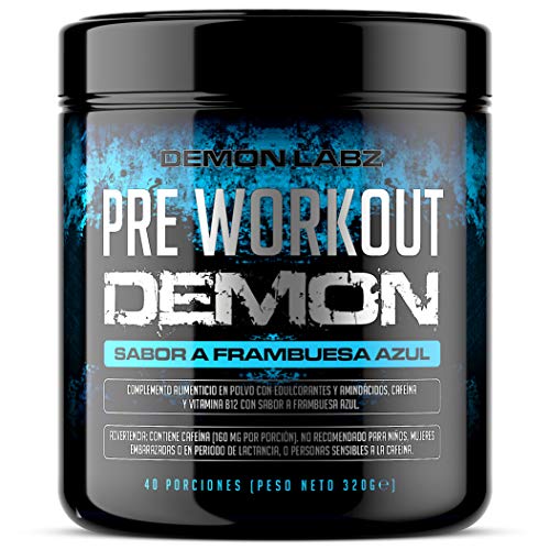 Pre Workout Demon (Frambuesa Azul) Pre-Entreno Potente polvo con Creatina Monohidrato, Cafeína, Beta-Alanina y Glutamina (320 Gramos - 40 Porciones)