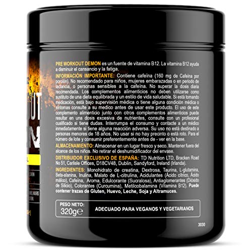 Pre Workout Demon (Tropical) Pre-Entreno Potente polvo con Creatina Monohidrato, Cafeína, Beta-Alanina y Glutamina (320 Gramos - 40 Porciones)