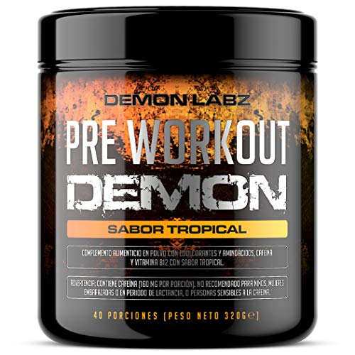 Pre Workout Demon (Tropical) Pre-Entreno Potente polvo con Creatina Monohidrato, Cafeína, Beta-Alanina y Glutamina (320 Gramos - 40 Porciones)