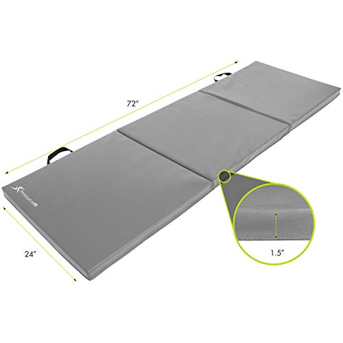 ProsourceFit Tri-Fold Folding Exercise Mat with Carrying Handles, 6-Feet Length x 2-Feet Width x 1.5-Inch Thickness, Grey