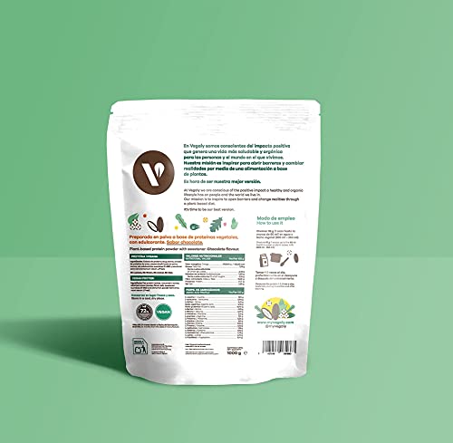 Proteína Vegana - CHOCOLATE - Excelente Disolución y Sabor - Proteína Vegetal en Polvo de Arroz Integral, Guisantes - Sin Soja. Sin Lactosa. Sin Azúcar. Sin Gluten. - 72% Proteína - Vegaly (1000g)