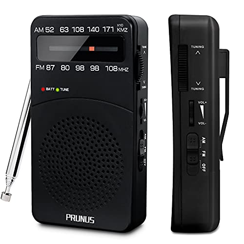 PRUNUS J-166 Transistores Radio Portatil Pequeña FM/Am, Radio Pilas Pequeña con Clip Trasero, Radio Multibanda Sintonizador con indicador.Funciona con Pilas AA.